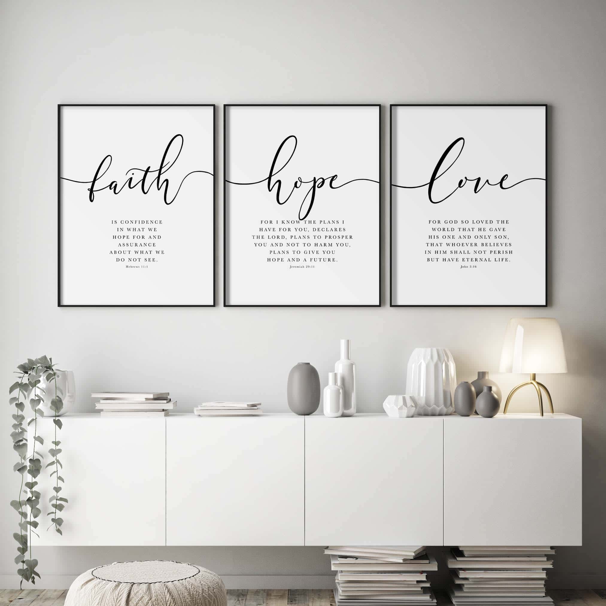 Faith, Hope and Love, 1 Corinthians 13:13 | Trio Set, Christian Wall Art, A3 at XILEF Art